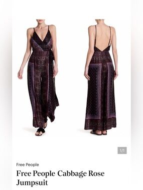 Free People Cabbage Rose Black Printed Faux Wrap Jumpsuit with Belt,Size-4